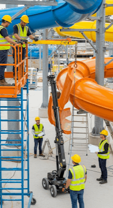 Aquapark kurulumu sırasında kullanılan renkli su kaydırakları ve güvenlik bariyerleri – Esse Havuz