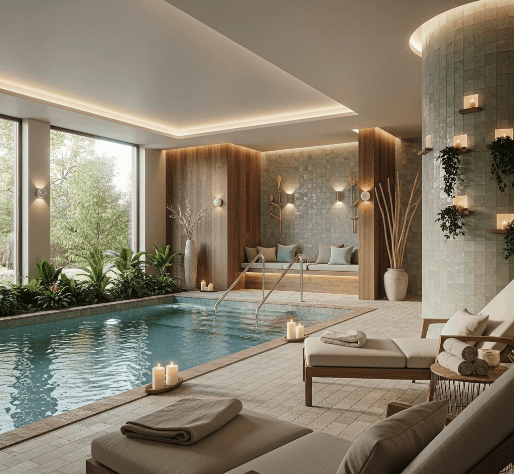 Lüks ve modern tasarımlı, şelale ve su özelliklerine sahip, doğal ışık alan bir spa dinlenme alanı. Esse Havuz tarafından sunulan üst düzey spa çözümlerini yansıtan bir iç mekan.