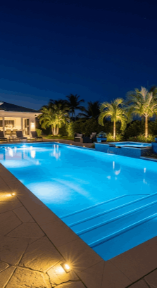 Yüzme havuzu için kullanılan LED aydınlatma sistemleriyle gece manzarası