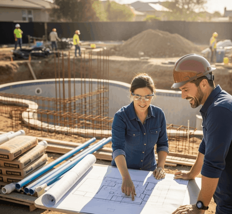 Yeni inşa edilmiş modern bir yüzme havuzu, planlama ve yapım sürecinin önemini vurgulayan detaylarla çevrili. Havuzun temiz suyu, bakımlı peyzajı ve güneşli bir ortam, havuz yapımı kararı öncesi araştırılması gerekenleri yansıtıyor.